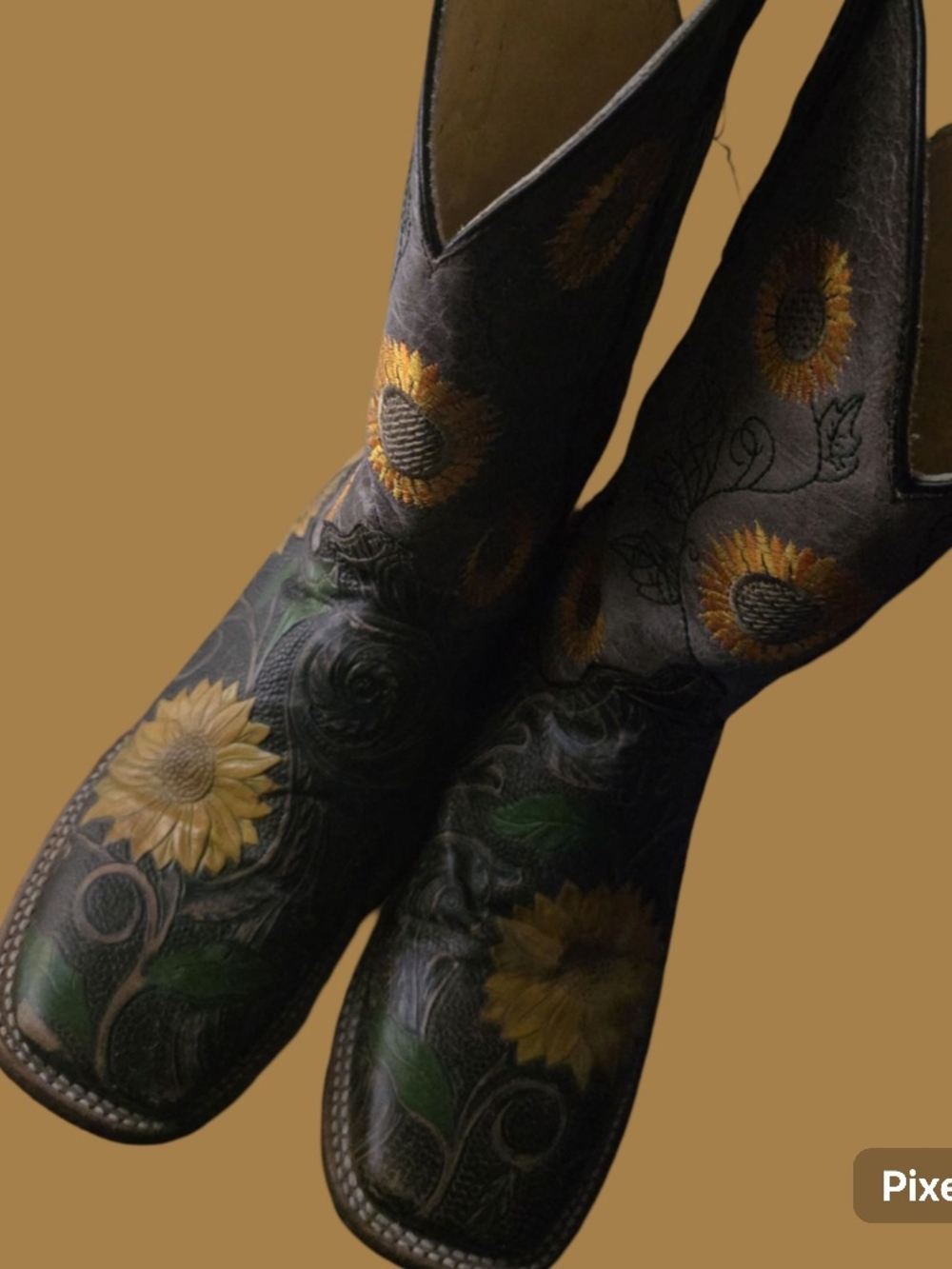 Women's Black Leather Cowboy Boots with Yellow Sunflower Embroidery